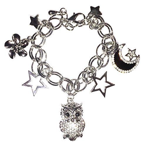 Night Owl Charm Bracelet Moon Stars Flower Black Enamel C... www.amazon.com/...