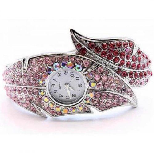 Pink Crystal Leaf Cuff Bracelet C51 Watch Hinged Recycleb…