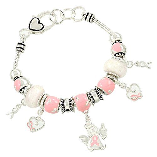 Pink Ribbon Angel Charm Bracelet BW Milky White Murano Gl... www.amazon.com/...