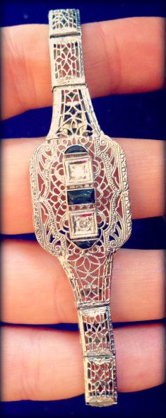 Art Deco sapphire and diamond filigree bracelet. Via Diamonds in the Library.
