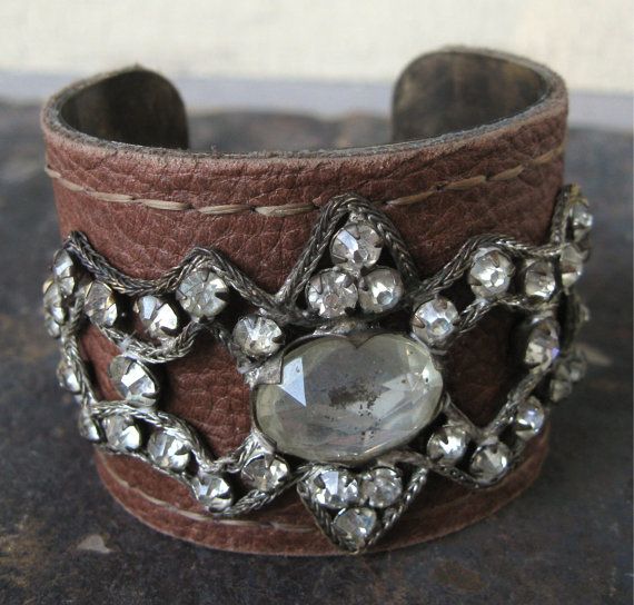 Brown Leather Cuff Bracelet with Antique Rhinestone by fancylinda, $60.00