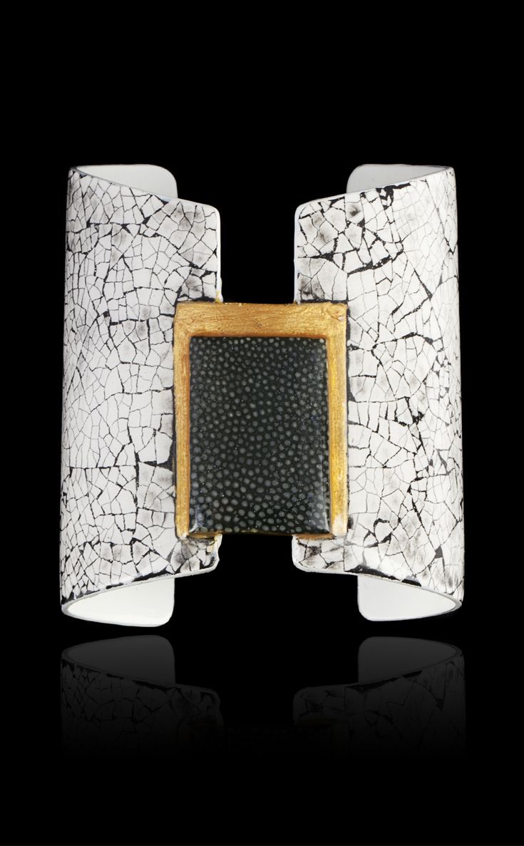 Cuff bracelet | Morgan Wisser. Steel plated with lacquered egg shells and decora...