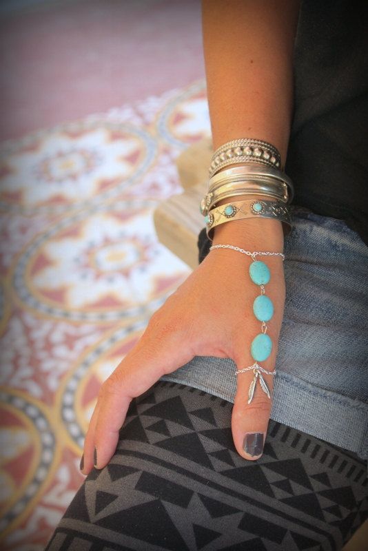 Gorgeous silver chain and Turquoise Thumb finger slave bracelet Adjustable Hand ...
