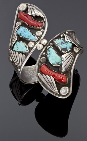 Hinge bracelet | Dan Simplicio.  Sterling silver, Kingman turquoise and coral.