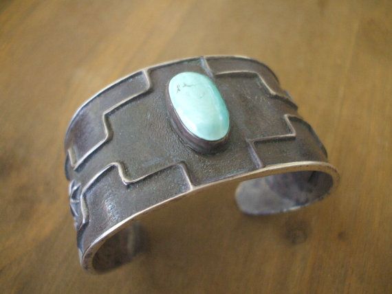 Signed Vintage NAVAJO Heavy Tufa Cast Sterling Silver  TURQUOISE Cuff BRACELET