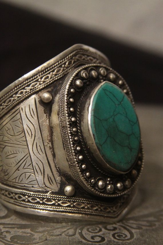 Tribal silver cuff bracelet - old Kuchi jewelry with blue green turquois