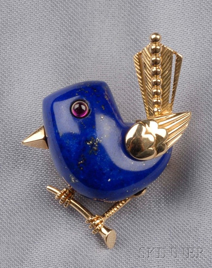 18kt Gold and Lapis Bird Brooch