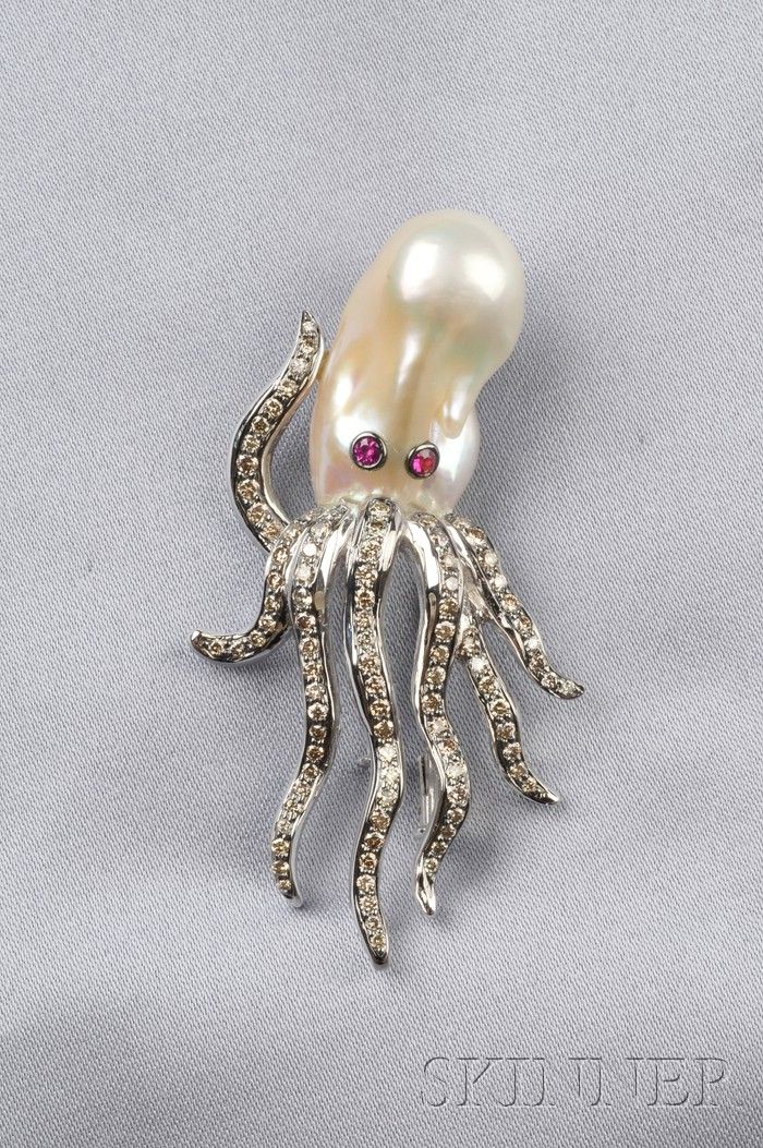18kt White Gold, Freshwater Pearl, Ruby, and Diamond Brooch, designed as an octo...