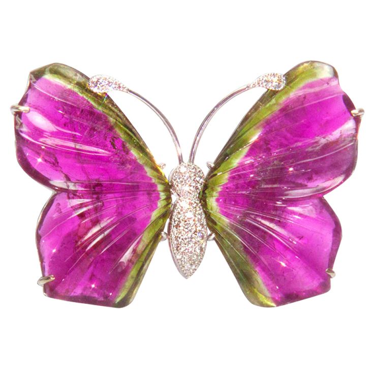 1stdibs | Diamond Watermelon Tourmaline Butterfly Brooch Pin
