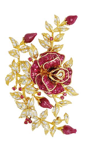A RUBY AND DIAMOND ROSE BROOCH