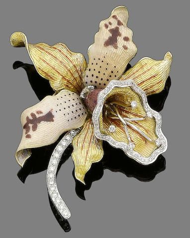An enamel and diamond orchid brooch. Photo Bonhams