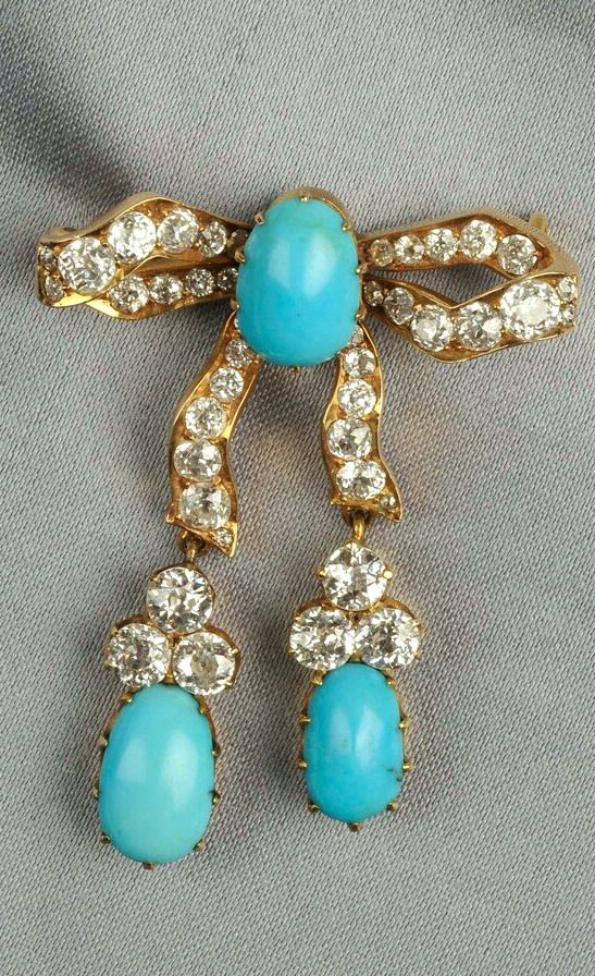 Antique 14kt Gold, Turquoise, and Diamond Bow Brooch, Russia, set throughout wit...
