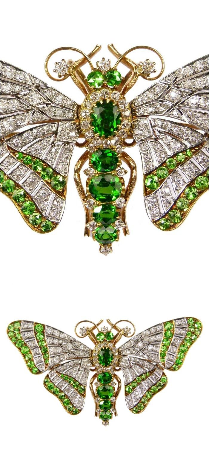 Antique demantoid garnet and diamond tremblant butterfly brooch, c.1900, the tre...