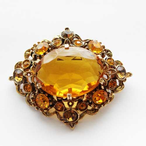 Beautiful amber citrine glass vintage brooch 1960s Sparkling Rhinestone Large tr...