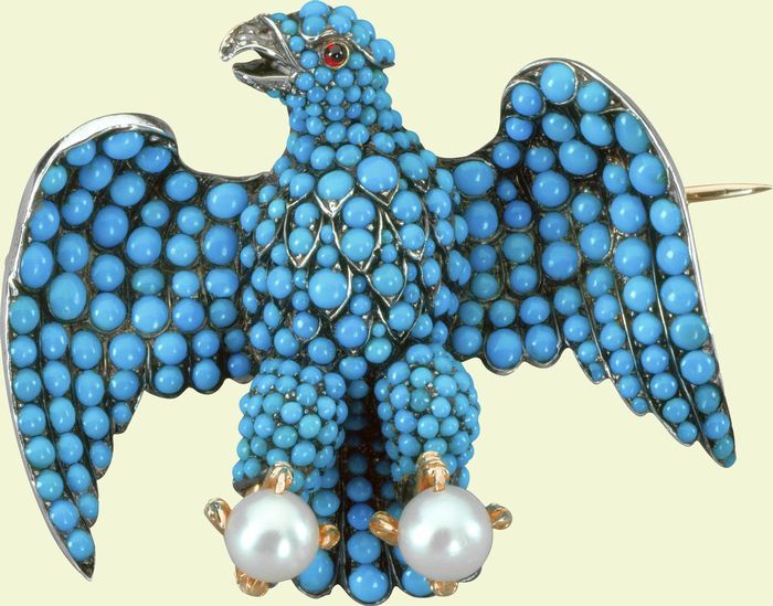 Brooch, Silver, turquoise, pearls, rubies, diamonds, 1840. Made by Charles du Ve...