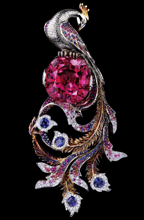 Brooch; gold, sapphires, diamonds and rubies.