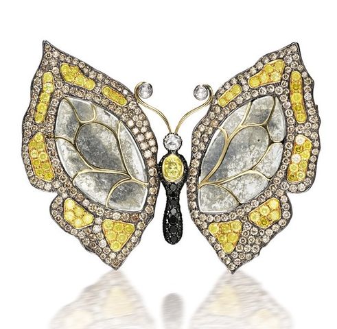 COLOURED DIAMOND, DIAMOND AND STONE BUTTERFLY BROOCH