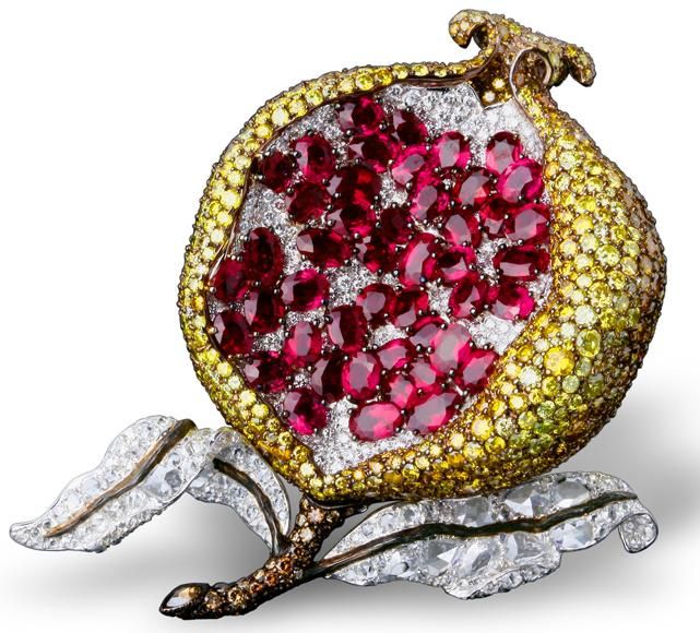 Chaumet pomegranate clip with white, fancy yellow and brown diamond in platinum ...