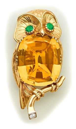 Citrine, emerald, diamond and gold owl brooch.