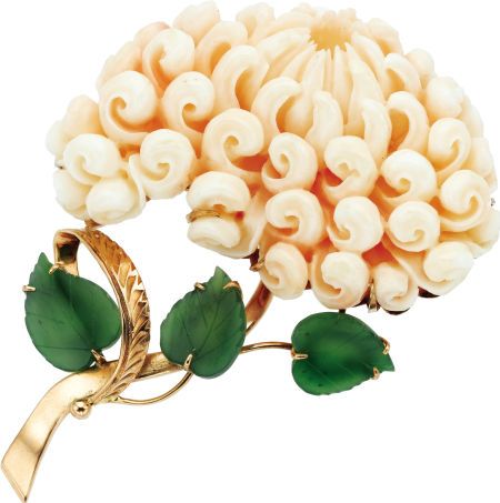 Coral, Jade, Pink Gold Brooch, The brooch, designed as a chrysanthemum, features...