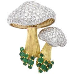 Diamond Emerald Gold Mushroom Brooch