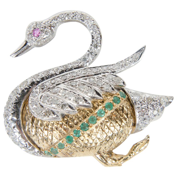 Diamond Ruby and Emerald Swan Brooch.