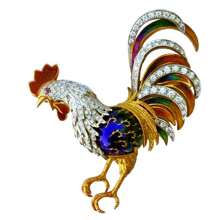 Enamel Diamond Gold Platinum Rooster Brooch | From a unique collection of vintag...