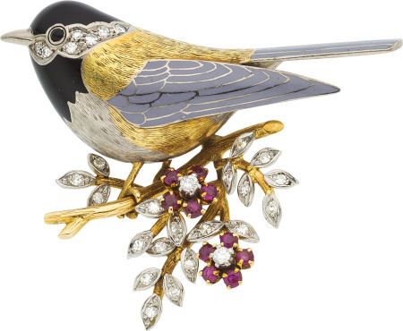 Estate Jewelry:Brooches - Pins, Diamond, Ruby, Enamel, Gold Brooch The brooch .....