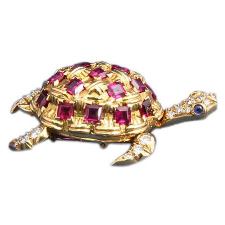 French Ruby Diamond Gold Turtle Brooch