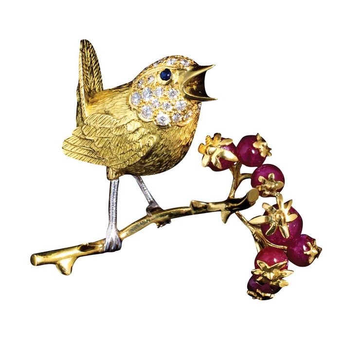 Gold and Ruby Wren Pin on Branch Wren at left is 18k yellow gold with white gold...