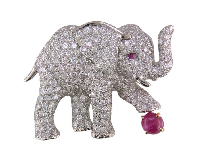 Gold platinum ruby diamond elephant brooch