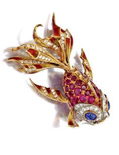 Gorgeous and Glamorous gemstone and enamel fish Brooch by E. Serafini