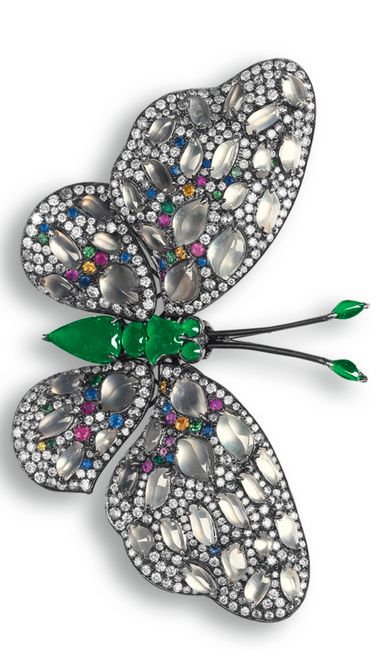 Icy Jadeite, Jadeite, Coloured Stone and Diamond 'Butterfly' Brooch, Mas...