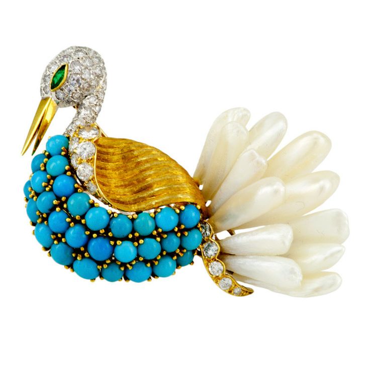 Incredible handcrafted swan with a tail formed by a cluster of Mississippi pearl...