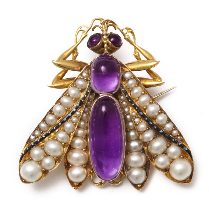 Insect brooch/pendant set with natural pearl wings and amethyst head and body. B...