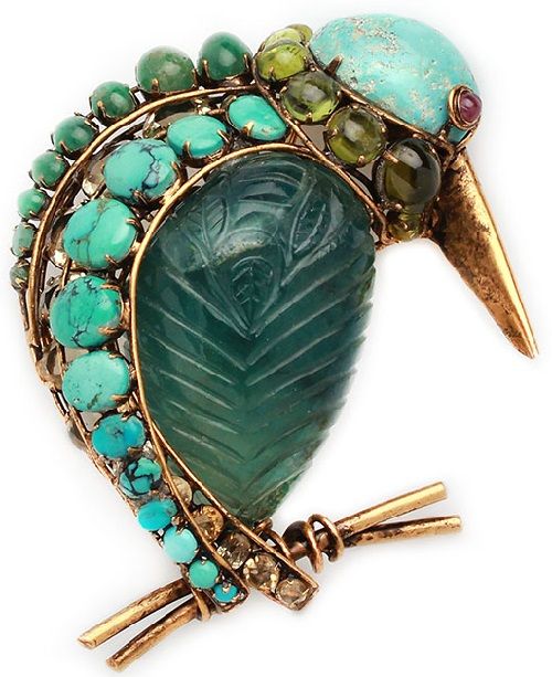Iradj Moini Volume brooch in the form of a bird. Persian turquoise, carved ameth...