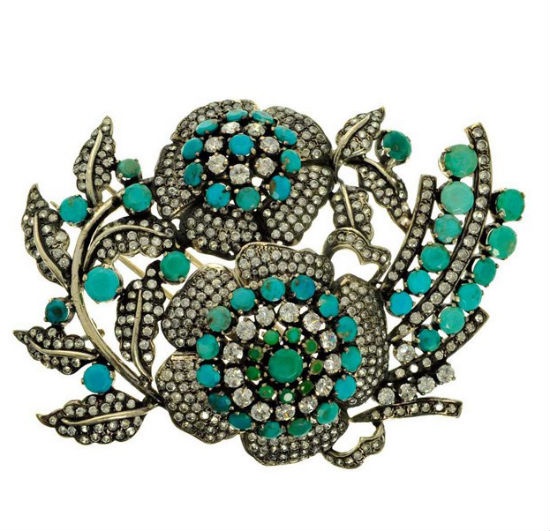 L'Inde Le Palais large silver flower brooch encrusted with green, turquoise ...