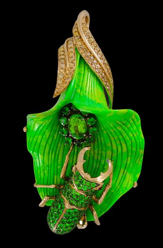 Lydia Courteille Calla Brooch with Turquoise Ruby and Tsavorite