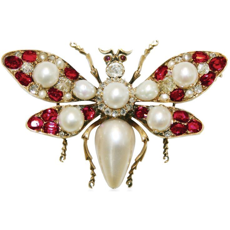 Natural pearl, ruby, and diamond butterfly brooch, set in gold. English, circa 1...