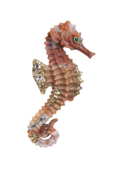 Nicholas Varney coral seahorse pin with inlayed 18K gold, diamonds an emerald ey...