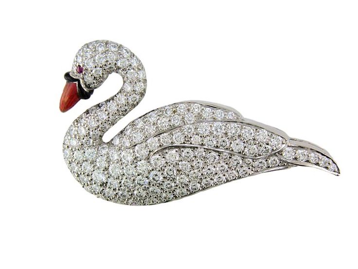 Oscar Heyman platinum cab ruby & diamond swan brooch