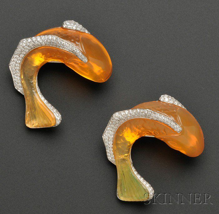 Pair of 18kt Gold, Diamond, and Carved Fire Opal Carp Brooches, Vhernier | Sale ...