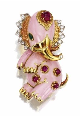Pink Enamel, Colored Stone and Diamond 'Elephant' Brooch, David Webb