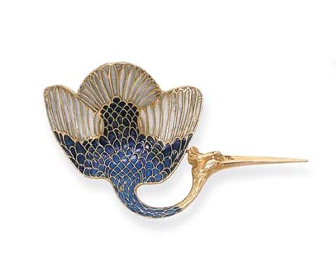 René Lalique. Stork brooch. The blue and green plique-à-jour enamel body and w...