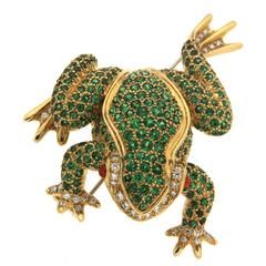 Small Tsavorite Opal Diamond Gold Frog Brooch