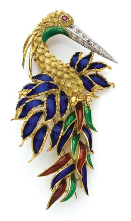Two-Color Gold, Enamel and Diamond Bird Clip-Brooch