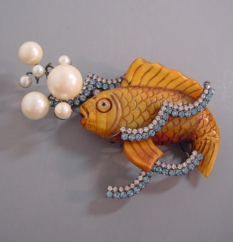 VRBA fish waves and bubbles brooch with artificial pearls and blue and clear rhi...