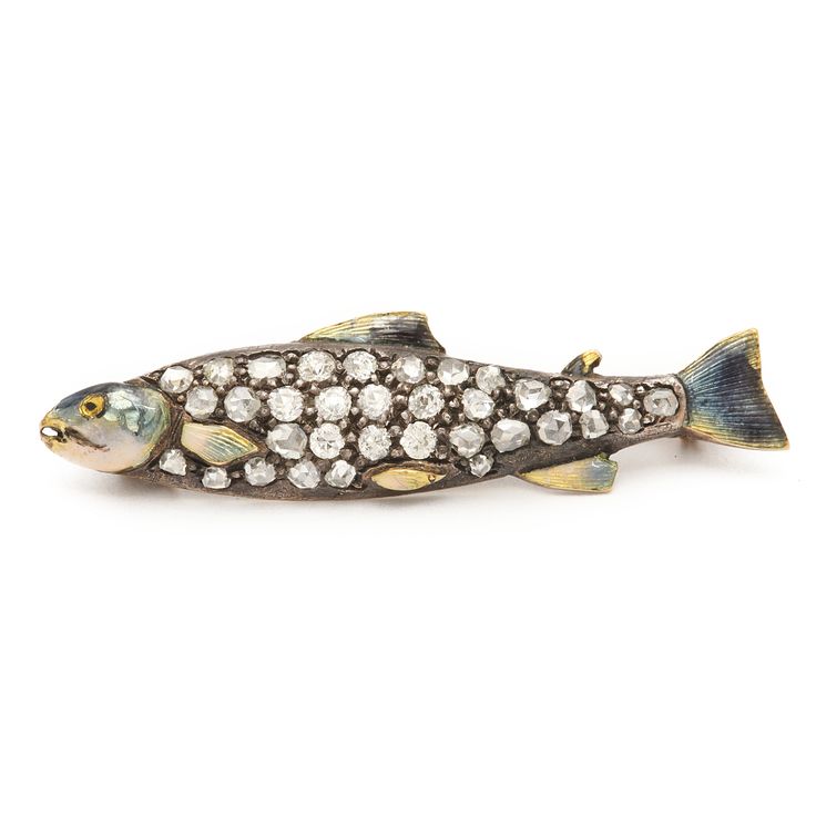 Victorian Diamond and Enamel Fish Brooch