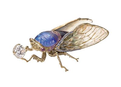 Wallace Chan carved opal, diamond, sapphire and amethyst cicada brooch