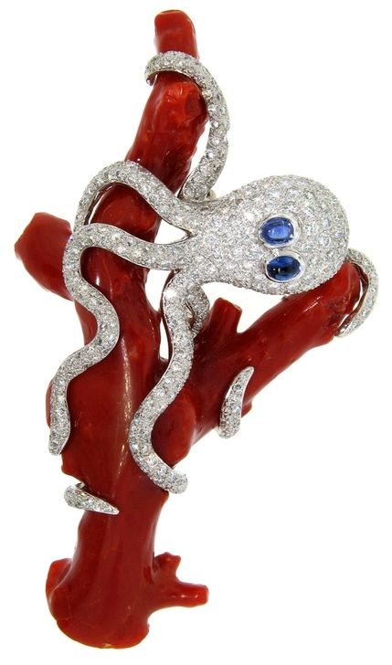 rooch - Sapphire, coral and diamond brooch in the shape of an octopus entwined o...